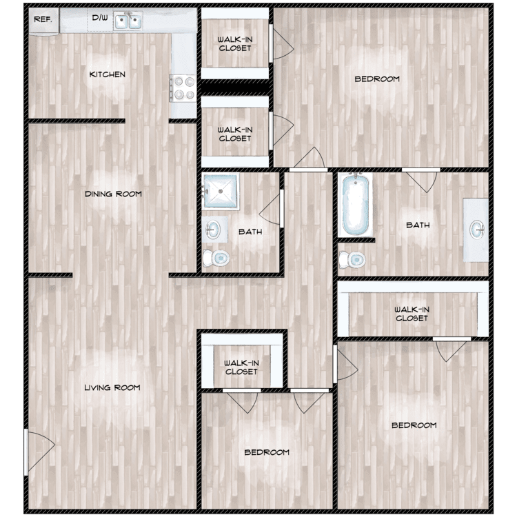 Floor plan for 3 beds, 2 baths, 1370 sqft